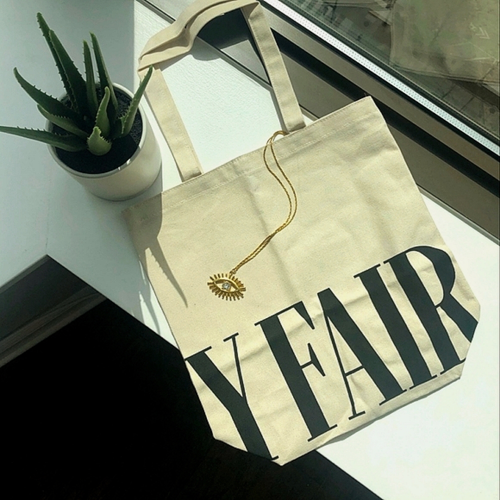 NWOT Vanity Fair Canvas Neutral Logo Cream Typographic Graphic Cotton Tote